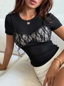 DAZY Summer Fashion Lace Patchwork 2 In 1 Short Sleeve T-Shirt - Black - View 4