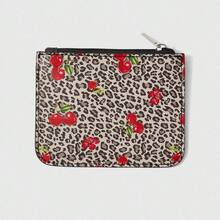 ROMWE Kawaii Almacenamiento de tarjetas con empuje hacia atrás de varias capas con estampado de leopardo retro y empalme de colores contrastantes con cereza - Marrón negro - Ver 4
