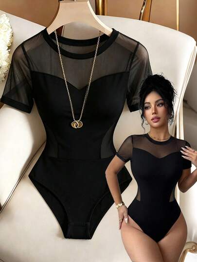 SHEIN PETITE Women's Spring/Summer Exquisite Elegant Black Contrast Mesh Round Neck Short Sleeve Fitted Slim Bodysuit