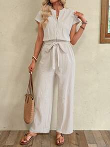 EMERY ROSE Jumpsuit Kasual Wanita Warna Polos dengan Resleting Depan dan Tali Pinggang - Khaki - View 5