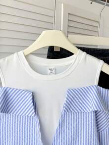 SHEIN Tween Girl Striped Minimalist 2 In 1 Patchwork Casual Long Sleeve Blouse , Fall/Winter - Blue and White - View 12