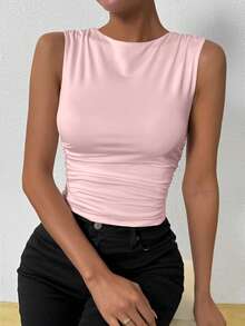 Allurite Solid Color Pleated Slim Fit Tank Top For Summer - Baby Pink - View 6