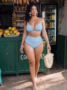 Swim Mod Plus Size Women 2pcs Solid Color Shell Decor Top High Waist Triangle Bottom Cute Beach Vacation Minimalist Daily Bikini Set - Blue - View 6