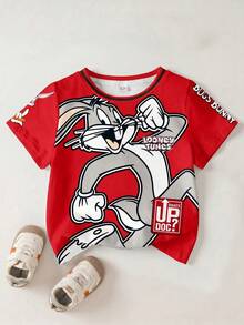 LOONEY TUNES X SHEIN 男婴字母卡通图案圆领短袖上衣 - 白色 - 查看 1