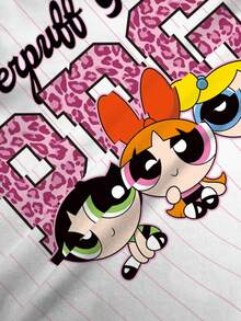 THE POWERPUFF GIRLS X SHEIN 女士字母卡通印花休闲圆领短袖T恤，夏季 - 白色 - 查看 7