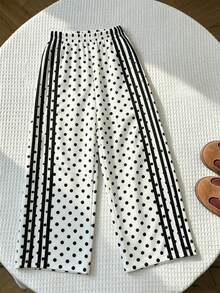 SHEIN Tween女孩春夏四季休閒百搭日常運動街頭風黑白拼色寬鬆梭織長褲，可搭配運動鞋與任何T恤，適合日常穿著 - 黑與白 - 查看 8
