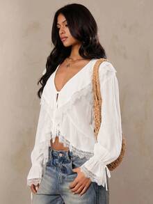 SHEIN BAE Women's Solid Color Ruffle Front Tie Contrast Lace Fashion Shirt - White - View 5