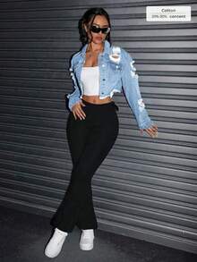 SHEIN Unity Chaqueta de mezclilla desgastada y rasgada, de moda para el verano - Lavado ligero - Ver 4