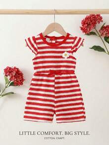 SHEIN Playful Pals Bộ áo liền quần kẻ sọc hoa văn kiểu dáng thường ngày cho bé gái, mùa xuân/hè. - Đỏ - Xem 7