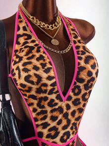 Amplova Sexy Bandage Vacation Colorblock Pink Leopard Print Deep V-Neck Sleeveless Tie Strap Women's Mini Bodysuit Night Out Party Summer - Khaki - View 5