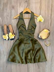 Franclia Plus-Size Elegant And Sexy Deep V Backless Satin Dress-The Perfect Choice For Vacation Parties. - Olive Green - View 1