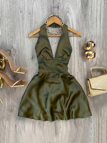 Franclia Plus-Size Elegant And Sexy Deep V Backless Satin Dress-The Perfect Choice For Vacation Parties. - Olive Green - View 3