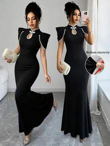 Elenzga Damen-Modekleid mit Stickerei, vielseitig, Froschknopf und Fischschwanz-Saum - Schwarz - Übersicht 3