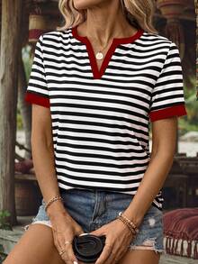 EMERY ROSE 女士夏季条纹缺口 V 领短袖休闲 T 恤图案 T 恤女式上衣 - 黑色 - 查看 1