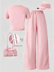 SHEIN Setelan 2 potong untuk remaja: Atasan lengan pendek putih dan celana panjang hitam dengan pita pink, cocok untuk musim semi/panas, olahraga, kasual, dan penampilan imut untuk kembali ke sekolah. - Berwarna merah muda - View 2