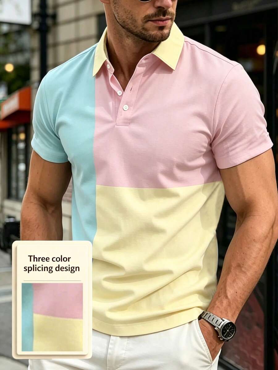Manfinity Dauomo Camisa polo de botones para hombre con bloqueo de color para el verano - Multicolor - Ver 1
