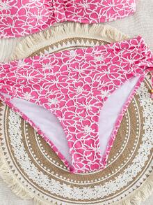 Swim Lushoire Women's Summer Beach All-Over Print Ruched Spaghetti Strap Bikini Top And Triangle Bottom Two-Piece Swimsuit Set - Pink - View 8