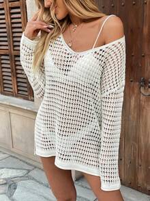 SHEIN LUNE Beach Resort Casual V-Neck Loose Cover-Up For Summer Beach Vacation - Beige - View 5