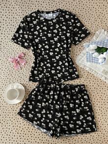 SHEIN 青少年女孩碎花印花圓領T恤與短褲家居服，休閒款 - 彩色 - 查看 6