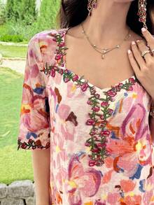 Al Najma Spring/Summer French Lace Square Neck Printed Gentle Short Sleeve Elegant Dress - Multicolor - View 10