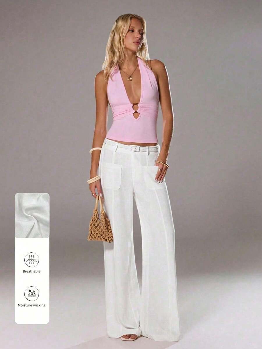 SHEIN Unity 2025 New Summer Loose Plain Color Wide Leg Pants,Fall Clothes For Women ,Boho Party - White - View 1