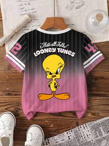 LOONEY TUNES X SHEIN Young Girls Round Neck Short Sleeve Ombre Cute Allover Print T-Shirt, Full Print - White - View 2