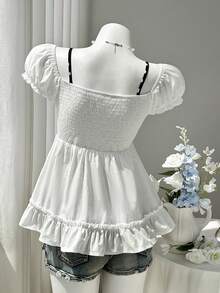 Elamini Colorblock Patchwork V-Neck Ruffle Hem Design Gentle Sweet Casual Style Women's Summer Top - Black and White - View 2