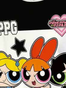 THE POWERPUFF GIRLS X SHEIN 加大码夏季休闲撞色卡通花朵、泡泡、毛茛图案圆领短袖T恤 - 白色 - 查看 4