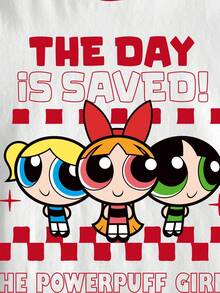 THE POWERPUFF GIRLS X SHEIN Tween Girl Cartoon Pattern & Letter Print Contrast Color Round Neck T-Shirt - White - View 5