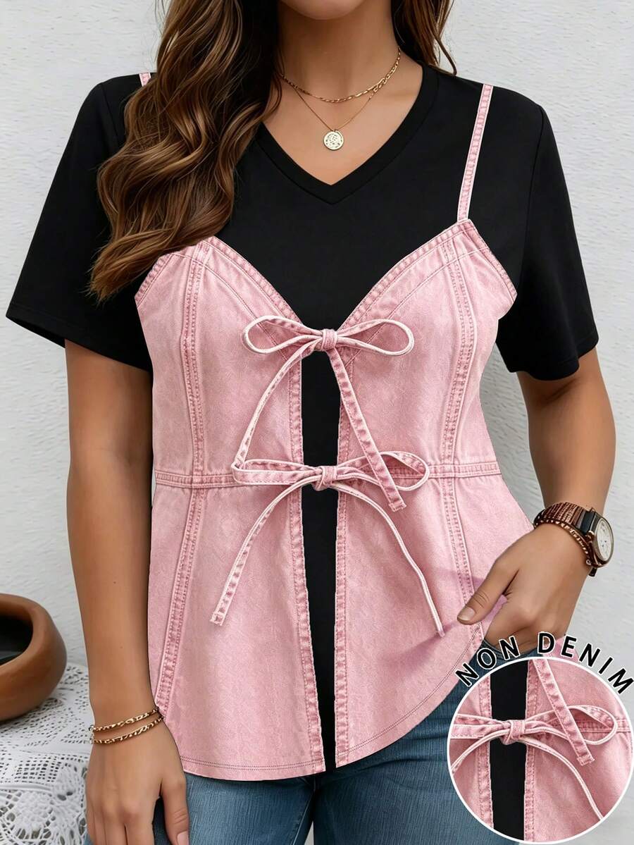 EMERY ROSE Patchwork Design Pattern Print Short Sleeve Fashion Plus Size T-Shirt - Multicolor - View 1