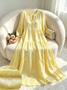 Yasmyna Spring/Summer Gentle Style Yellow V-Neck Embroidered Long Sleeve Loose Slimming Flared Elegant Casual Vacation Dress For Women - Yellow - View 4