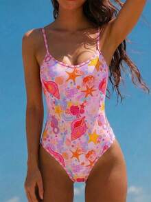 SHEIN Swim Women's Ocean Starfish Fresh High Saturation Dopamine Summer Energetic Print One-Piece Swimsuit Sports Surfing Suit Slimming Backless Vacation Pink - Pink - View 5