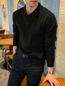 JOLTRO 男士休閒經典純色長袖 Polo 衫，黑色針織 Polo 衫，秋季正式款 - 黑色 - 查看 4