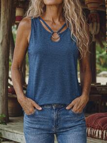 Zayélia Women's Solid Color O-Ring Decor Casual Tank Top - Navy Blue - View 4