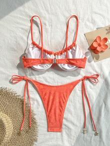Swim Mod Springbreak 2件組純色細肩帶鋼圈前綁式上衣與側結比基尼泳褲夏季女款可愛海灘泳裝套裝 - 西瓜粉 - 查看 3