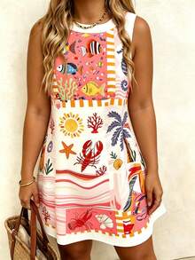Vaclyn Robe sans manches à col rond pour femmes avec imprimé de poissons multicolores et de cocotiers, convient pour les voyages à la plage au printemps/été, article indispensable - Rose vif - Voir 7