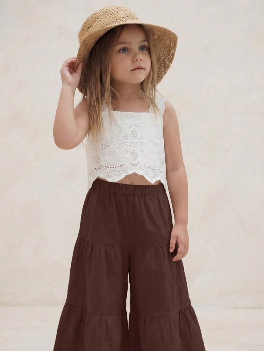 Emery Rose Kids Emery Rose Kids 少女編織素色方領荷葉邊休閒背心與長褲兩件組 - 棕色 - 查看 1