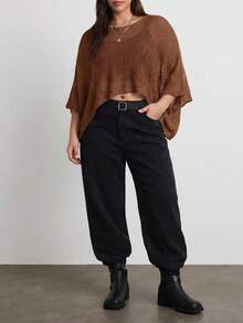 Easelle Women's Solid Color Boat Neck Batwing Sleeve Cropped Sweater - Brown - View 4