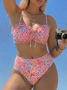 Swim Mod Conjunto de Bikini Talla Grande 2026 Nuevo Primavera/Verano Estampado Floral Aleatorio Decoración de Volantes Cordón Frontal Mujer Lindo Dulce Adecuado para Playa de Verano y Vacaciones - Multicolor - Ver 4