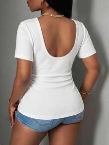 Slaydiva Casual And Simple White Solid Color V-Neck T-Shirt, Suitable For Spring And Summer Wear, Plus Size Available. - White - View 3