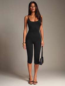 SHEIN BAE Women's Sexy Basic Tight Elegant Minimalist Spaghetti Strap Jumpsuit, Capri Pants, Leggings, Black, Night Out Going Out Summer - Black - View 4