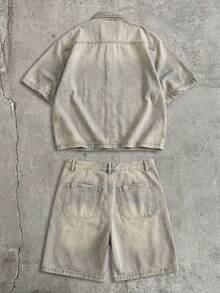 AXEPEAK 男士鈕扣短袖口袋襯衫與貼袋百慕達牛仔短褲套裝 - 黃色 - 查看 3