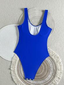 Swim SXY 女款一件式藍色條紋網格面料雙肩帶泳衣，適合海島海灘休閒度假 - 寶藍色 - 查看 3