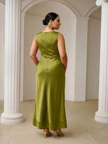 ZEYLAH Vestido largo ajustado con fruncido asimétrico primavera verano - Verde Oliva - Ver 4