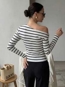 Firerie Women's Asymmetric Shoulder Wrap Ruched Waist Tight Fit T-Shirt, Metal Decor, Elegant Modest Commute Date Night Tops, Black And White Striped, Autumn - Black and White - View 15