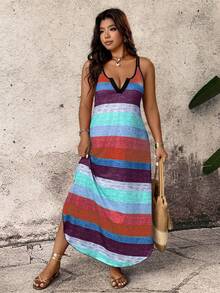 Breezaya Spring Summer Autumn Casual Comfortable Striped Fabric Shoulder Strap Design Multi-Color Plus Size Dress - Red - View 3
