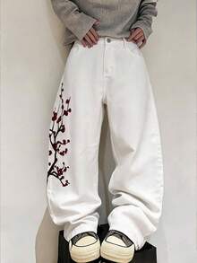 DAZY White Plum Blossom Embroidery Distressed Straight Leg Men's Jeans - White - View 5