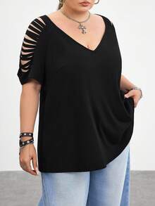 SHEIN CURVE+ تي شيرت نسائي مقاس كبير أسود فضفاض بأكمام راجلان مفرغة للصيف والحفلات الموسيقية والكاجوال وهالوين - الأسود - مشاهدة 3