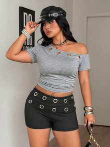 Coolane Women's Plus Size Summer Streetwear Sexy Vintage Going Out Holiday Goth Y2K Punk Grommet Asymmetrical Neck Fitted Short Sleeve Grey T-Shirt - Grey - View 5