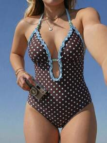 Swim Mod 2026 New Spring/Summer Plus Size One-Piece Polka Dot Random Print With Solid Color Ruched Ruffle Trim Deep V-Neck Women's Swimsuit, Suitable For Beach Vacation Wear - Multicolor - View 4